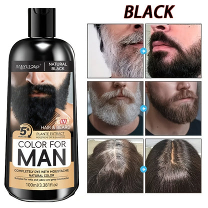 Men's Beard & Hair Dye Shampoo — 2-in-1 Semi-Permanent Color, Natural Ingredients, Covers Gray Fast, Sulfate-Free, Black Brown Chestnut Brown, for Beard & Sideburns