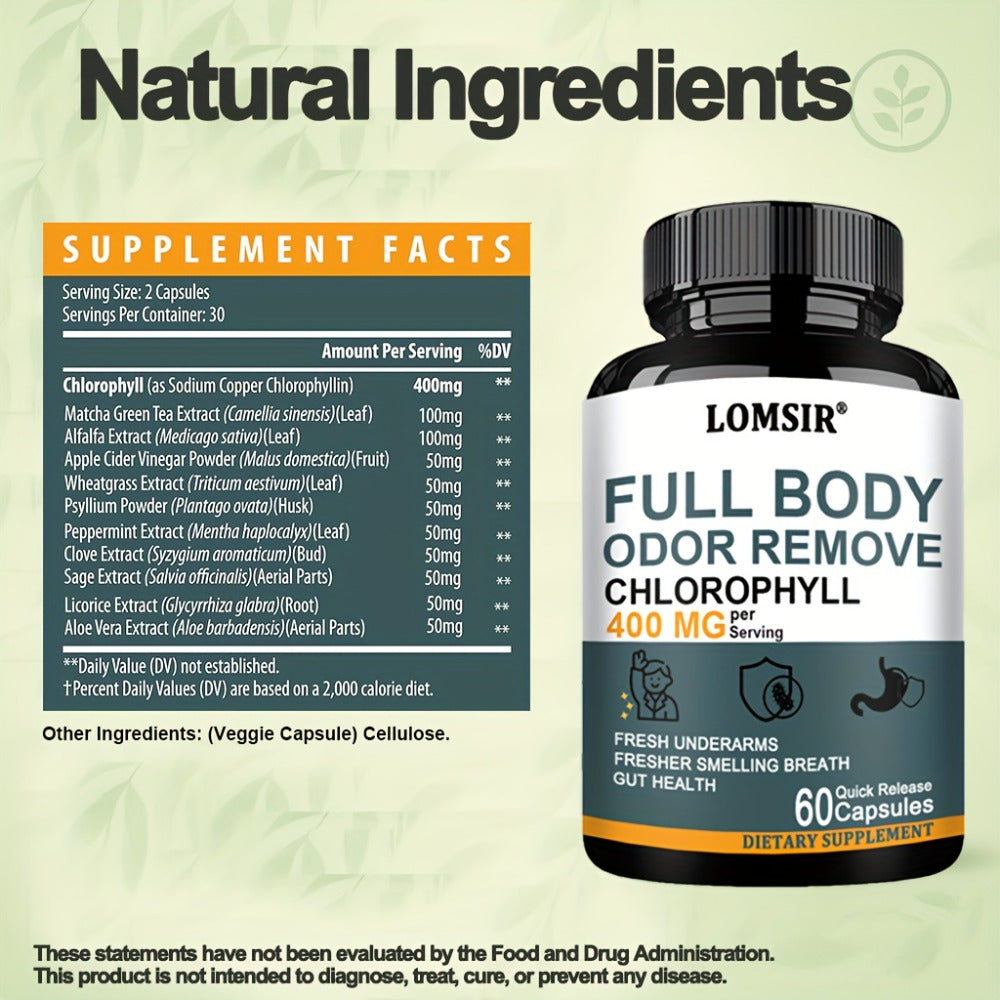 [Green Complex 60 Capsules] Chlorophyll Capsules 400 Per Serving, Green Complex with Matcha Green Tea, Apple Cider Vinegar, Peppermint, Sage & Aloe Vera, 60 Capsules