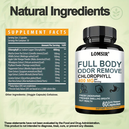 Chlorophyll Capsules Green Complex 400mg with Matcha Green Tea, Apple Cider Vinegar, Peppermint, Sage & Aloe Vera | Detox & Digestive Health Supplement | 60 Capsules