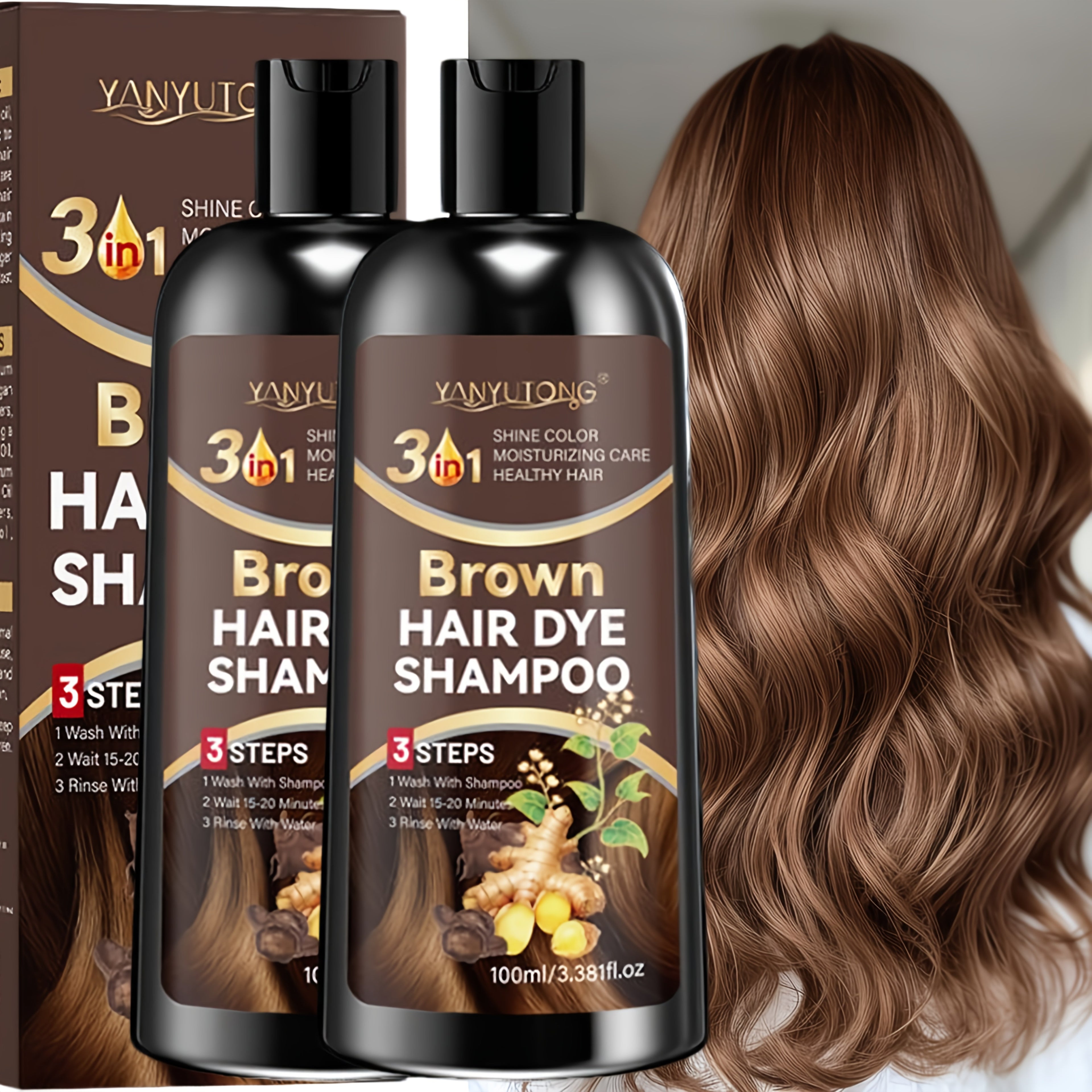 Set of Two, 3.38oz Brown Hair Dye Shampoo Enriched with Plant Extracts, Featuring Polygonum Multiflorum And Ginger Extracts, Provides Deep Moisture, Tames Frizz, Quickly Conceals Gray Hair, Gentle on Hair, Offers Long-Lasting Color
