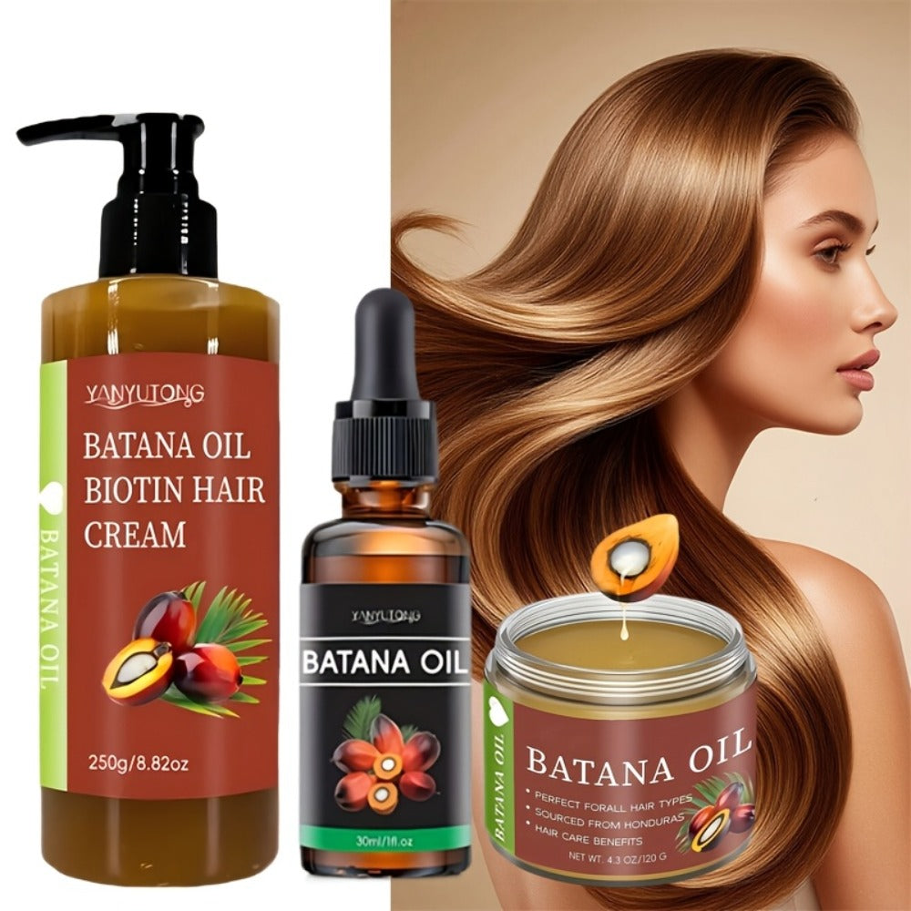 Batana Hair Care Set 3pcs - Honduras Cold Pressed Hair Cream, Hair Oil & Essential Oil with Biotin | Thickens, Strengthens & Nourishes Scalp | Prevents Breakage