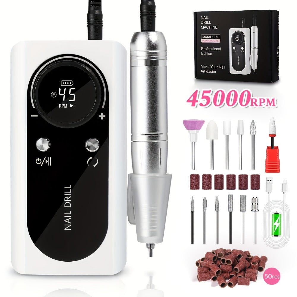 45000RPM Electric Nail Drill Machine with LCD Display Low Noise Rechargeable Manicure Machine for Polishing Gel Nail Polish