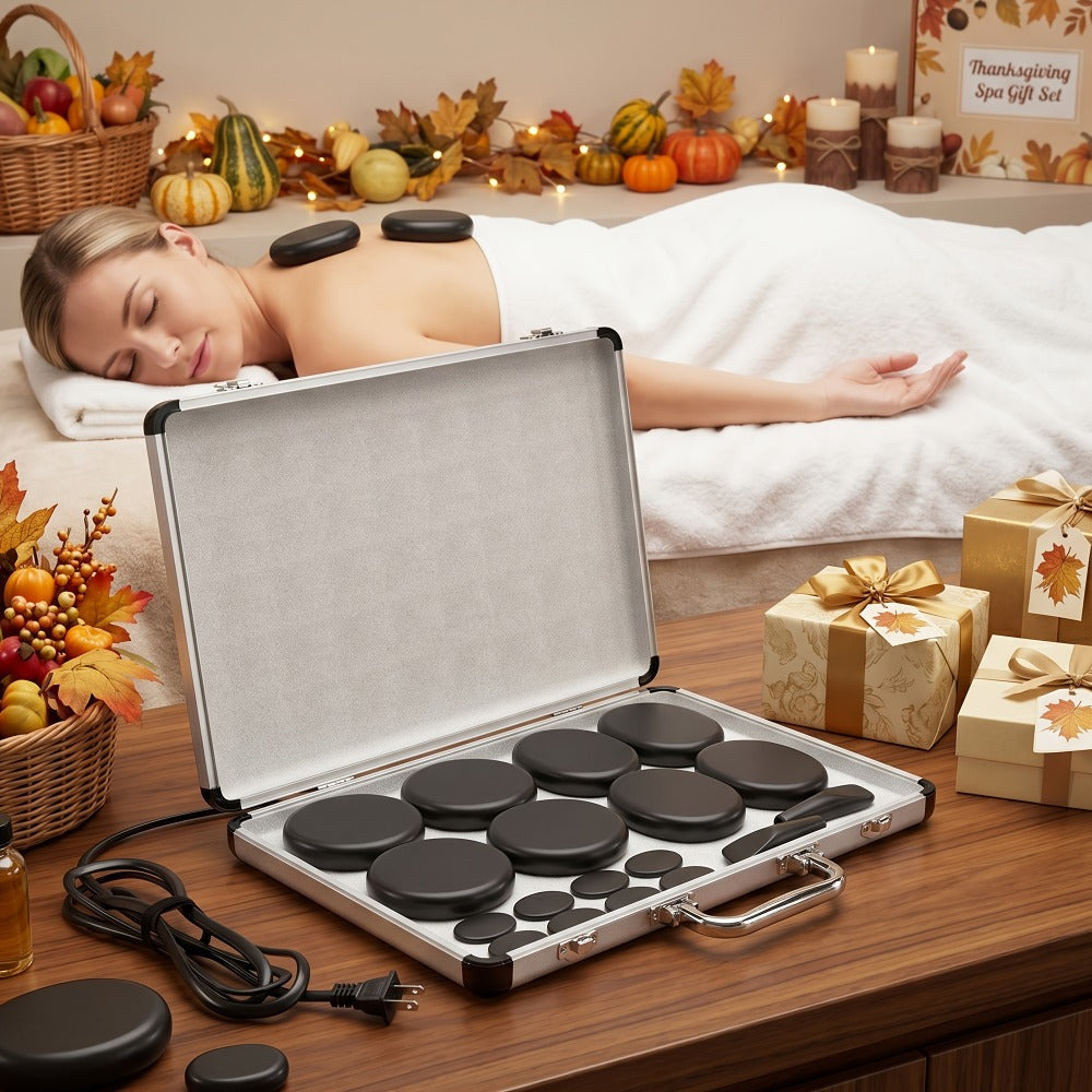 18pcs Hot Stones for Massage with Warmer, Massage Stones with Heater Kit for 4 Sizes, Hot Stone Massage for Professional Or Home Spa Warming Relaxing