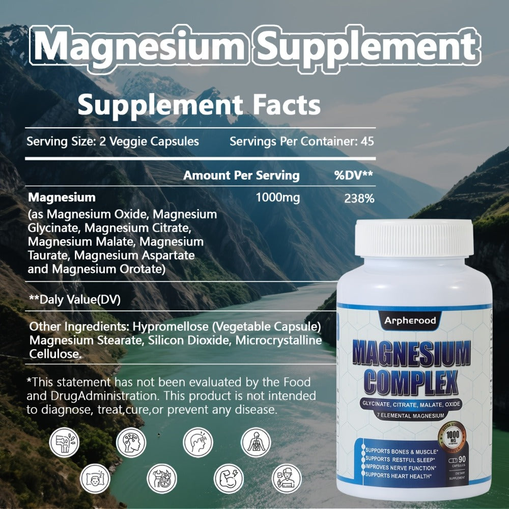 [Magnesium Complex Supplement] Limited Time Offer Magnesium Complex Supplement 180 Capsules | 1000 Mg of 7 Elements - Magnesium Glycinate, Magnesium Malate, Magnesium Taurate, Magnesium Oxide, Magnesium Oxalate