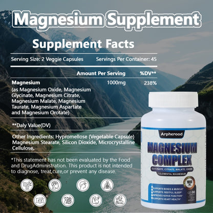 Magnesium Complex Supplement 7-in-1 — Magnesium Glycinate, Malate, Taurate, Oxide & More, 1000mg per Serving, 180 Capsules for Sleep, Muscle & Nerve Support