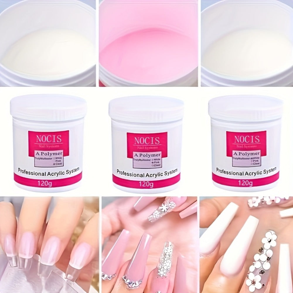 Acrylic Nail Powder Set, 3 Colors Clear&Pink & White, Professional Powder for Nail Extension, Carving, Long-Lasting, No Lamp Needed, 2.1oz.