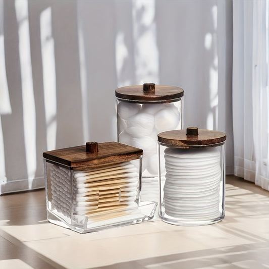 Glass Storage Jars with Bamboo Lids – 6-Piece Set (3 Jars + 3 Lids) Sealed Dustproof Containers for Cosmetics, Cotton Swabs, Food & Vanity Organization – Airtight Gift Set