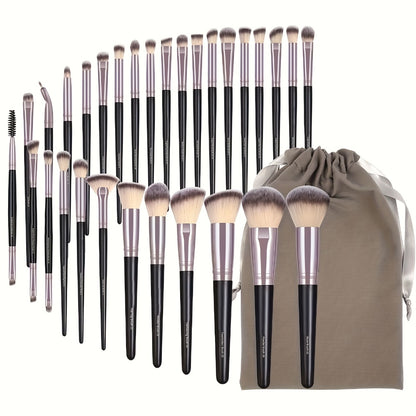 Professional Makeup Brush Set 30PCS Hypoallergenic Nylon Bristles - Alloy Handle Blush Foundation Eyeshadow Contour Brow Lip Brushes with Storage Pouch - Travel-Friendly for Beginners & Pros