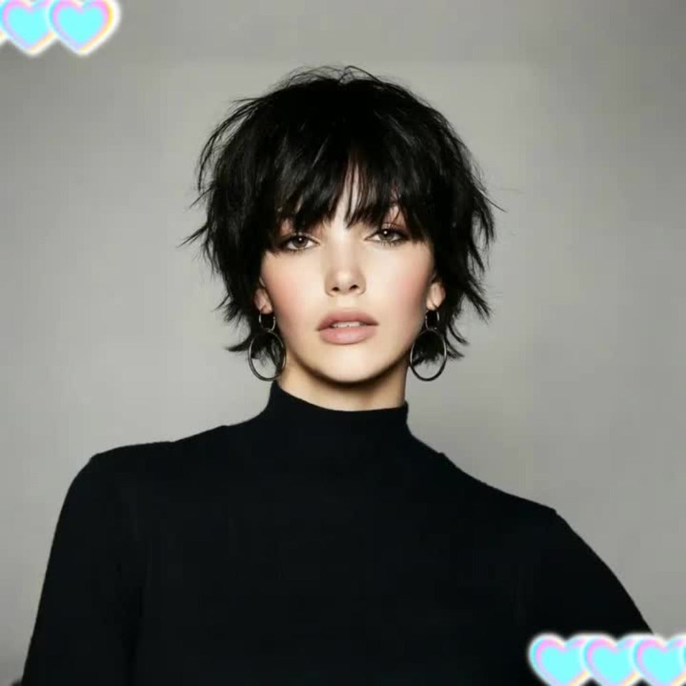 Pixie Cut Wig Human Hair with Bangs — Glueless Short Brazilian Layered Machine Made Throw-On-and-Go Hairpiece, Natural Black & Brown Colors for Women Daily Wear