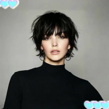 Pixie Cut Wig Human Hair with Bangs — Glueless Short Brazilian Layered Machine Made Throw-On-and-Go Hairpiece, Natural Black & Brown Colors for Women Daily Wear