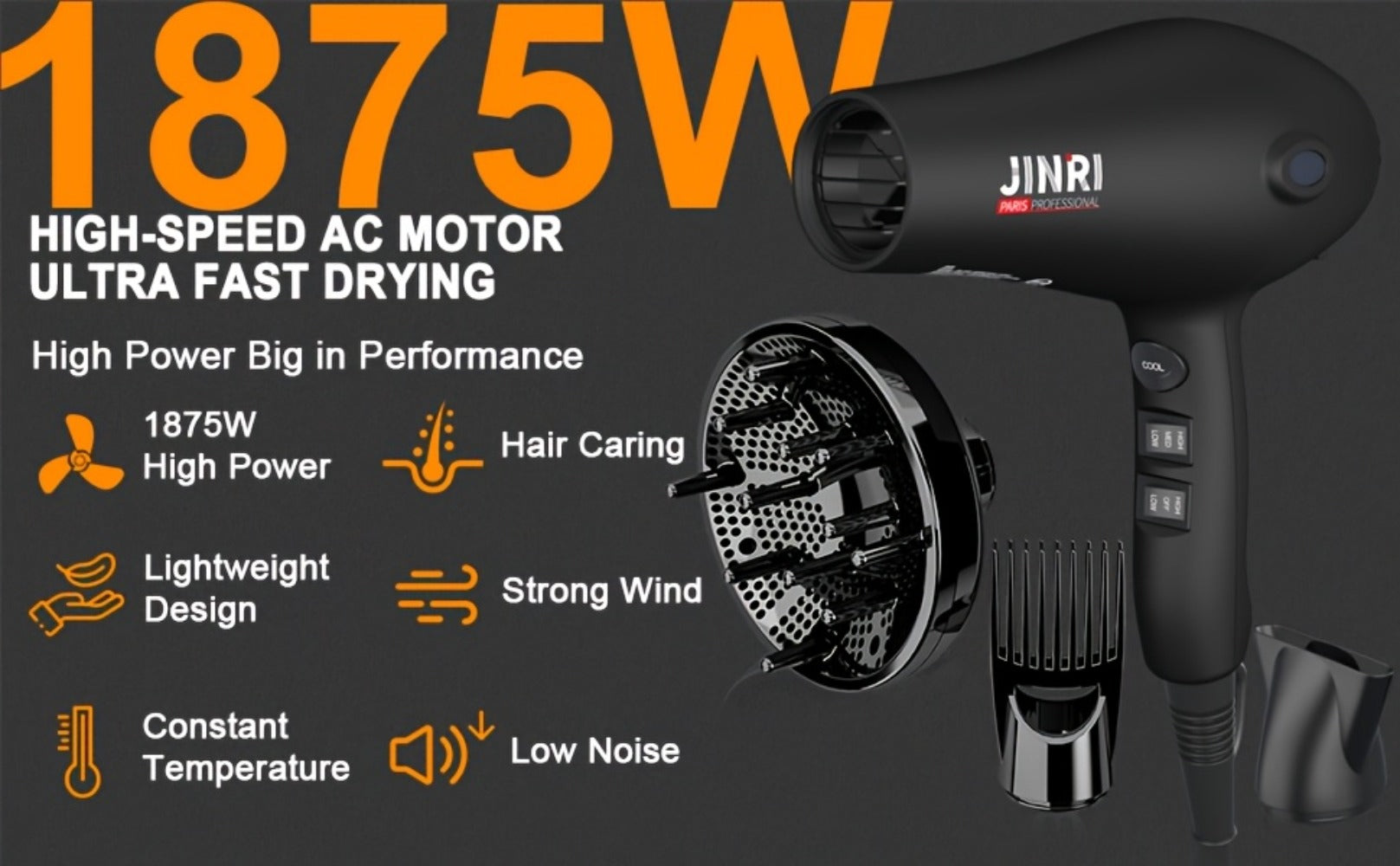 JINRI Professional Salon Ionic Hair Dryer with Diffuser & Concentrator Attachments, Ideal for Curly Hair - Black, 1875W, Non-Folding Handle, 1. 196.85inch-118.11inch Adjustable Cord, US Plug