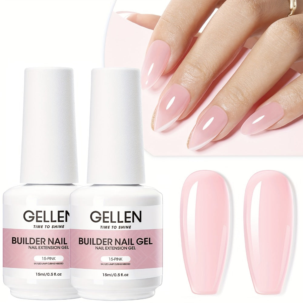 Gellen Builder for Nail Gel, 7-In-1 Clear Gel Builder for Nail Thickening 2pcs, LED for Nail Lamp Cured Hard Gel for Nail Strengthener Extension Gel Base Rhinestone for Nail Glue Gel Soak Off Gel Builder Base for Nail Art, 15Ml 0.51Fl Oz