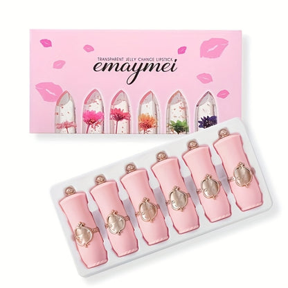 Color Changing Lip Balm 6 Pack — Temperature-Sensitive Jelly Lipstick with Dried Flower Extract, Sheer Moisturizing Clear Gloss, Natural Pink Tint, Long-Lasting Hydration for Women