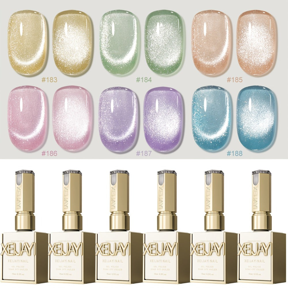 XEIJAYI Frame Bottle Aurora Cat Eye Set -- Ultra-Bright Aurora Cat Eye Nail Polish 6pcs Set, Trendy Spring Nail Art, Stylish Salon Artistic Cat Eye Gel, Shiny Luster with Changing Colors, Women's Nail Art Tools, Dazzling Cat Eye Nail Design.