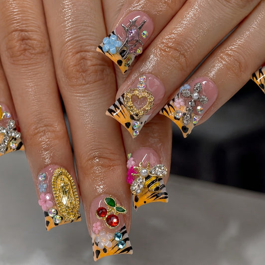 10pcs Y2K Yellow Striped Short Duck Press On Nails, Handmade Acrylic Nails with Cherry, Bee, Flower Rhinestone, Cross & Star Decor, Summer Daily Party Vacation Nail Set, Gift for Women And,Suitable for Graduation Photo Day