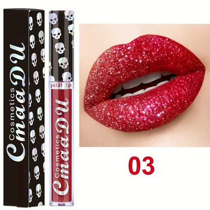Shimmer Lip Gloss Set 3pcs Skull Design Long Lasting Liquid Lipstick Easy to Remove - Shiny Glitter Lip Color for Music Festival Rave Party Gift for Women