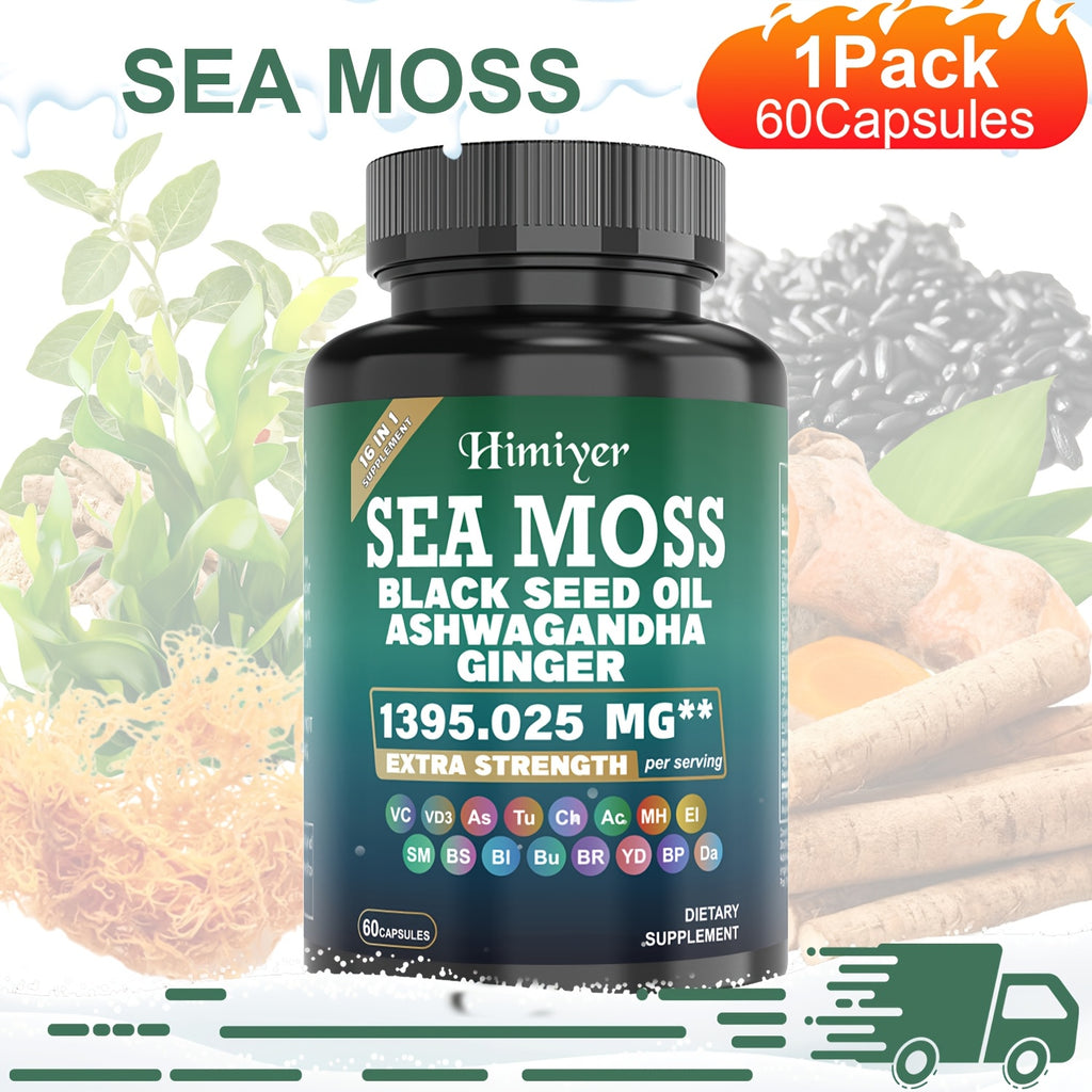 3-Pack SEA MOSS & ASHWAGANDHA Capsules - Contains Black Seed Oil, Ashwagandha, Turmeric, Cinnamon, Vitamins, and Minerals, 16-in-1, Enhances Athletic Performance, Energy, Immunity, and Antioxidant Effects
