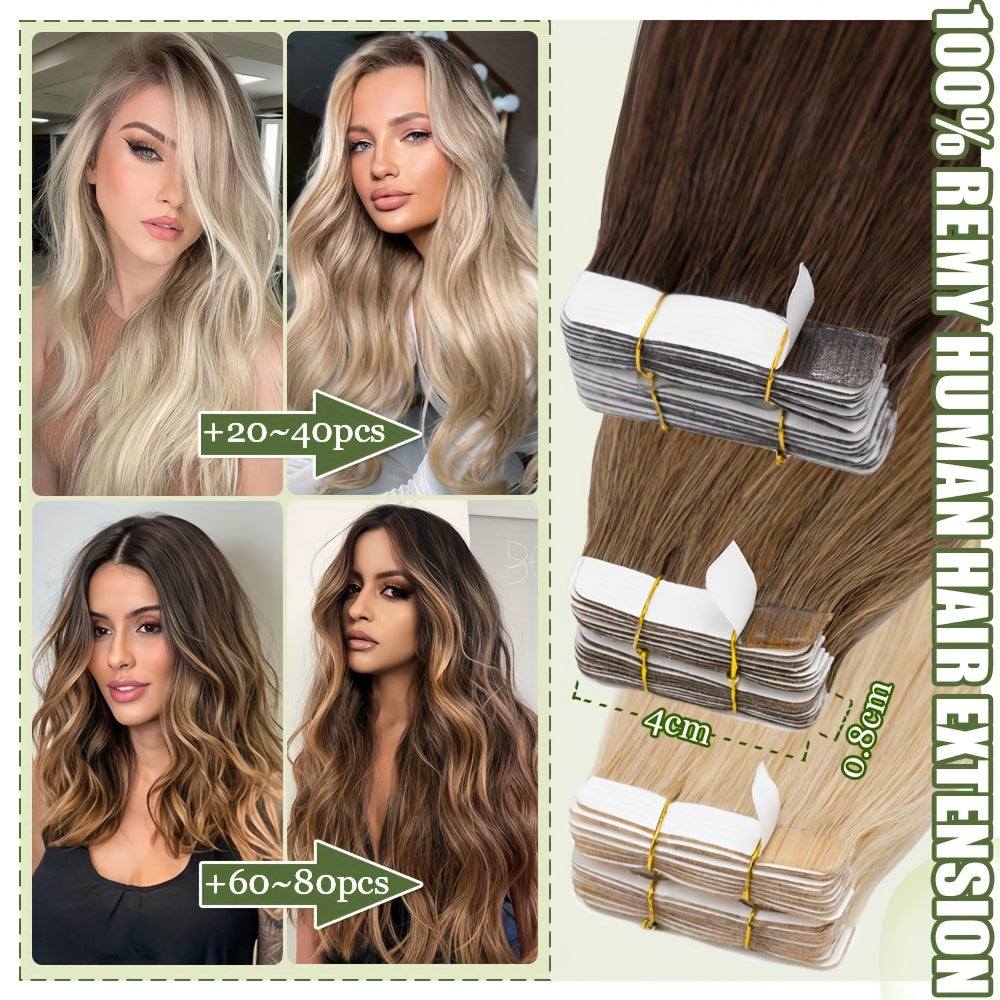 10pcs (10pcs Each) Brazilian Remy Human Hair Tape-In Extensions - Natural Straight Hair 12" 14" 16" 18" 20" 22" 24" Lengths, Invisible Tape-In Weft, 100% for Men &, Blonde/Brown/Blonde Ombre Highlights (Seamless Blending