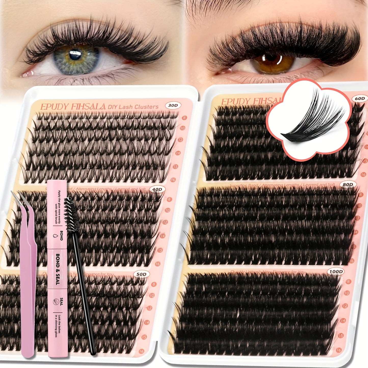 Mega Volume Lash Clusters Kit 708Pcs 8-16mm Mixed 30D-100D with Glue Tweezers & Brush Soft Reusable Cluster Lashes for Natural Dramatic Eye Makeup Salon Style at Home