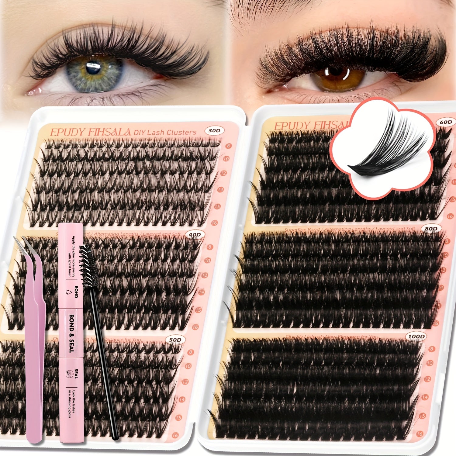 Lash Clusters Kit 708pcs 8-16Mm Mixed 30D-100D Lashes Clusters Kit with Glue, Tweezers And Brush, Mega Volume Cluster Lashes for Natural Or Dramatic Eye Makeup, Soft Reusable Eyelash Clusters Kit for Long Lasting Salon Style Look Easily at Home
