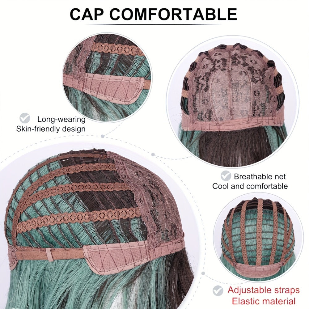 Synthetic Bob Wig with Bangs Ombre Color — 150% Density, Short Straight, Rose Net Cap, Brown Black with Wine Red, Pink or Green, 16 Inch, Halloween Cosplay Party
