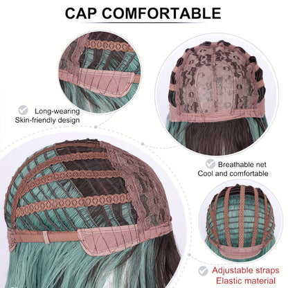 Synthetic Bob Wig with Bangs Ombre Color — 150% Density, Short Straight, Rose Net Cap, Brown Black with Wine Red, Pink or Green, 16 Inch, Halloween Cosplay Party