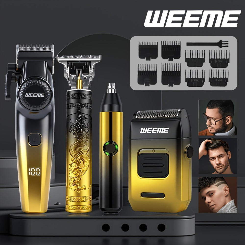 4pcs WEEME Men's Grooming Kit with Electric Shaver, Beard Trimmer & Nose Hair Trimmer - USB-Powered Rechargeable Hair Clipper System, 8 Guide Combs Suitable for Father, Boyfriend, Husband Gift for Holidays, Travel & Use