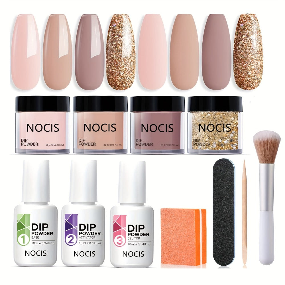 11pcs/Set Dip Powder Nail Kit Starter 4 Colors Nude Skin Tones Golden Glitter Neutral Acrylic Dipping Powder Liquid Set with Base Coat&Top Coat Activator for French Nail Art Manicure Salon Gift Set