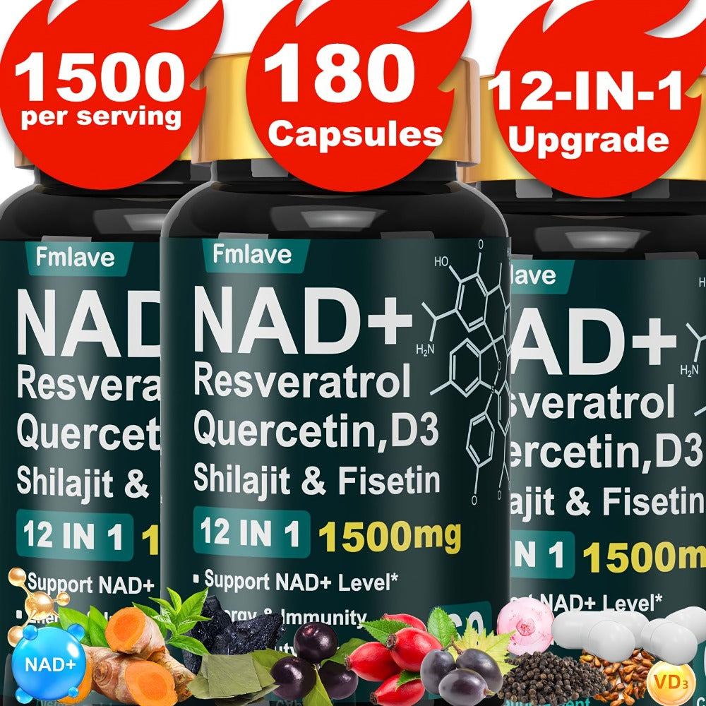 [NAD+YOUTH BOTTLE] 1500mg Per Serving] 12in 1 NAD+YOUTH BOTTLE- Extract With Nature Plants, Containing Nicotinamide Riboside, Quercetin, Support To Be Younger, Immune & Energy & Focus For Man & Women & Adult, 60 Capsules