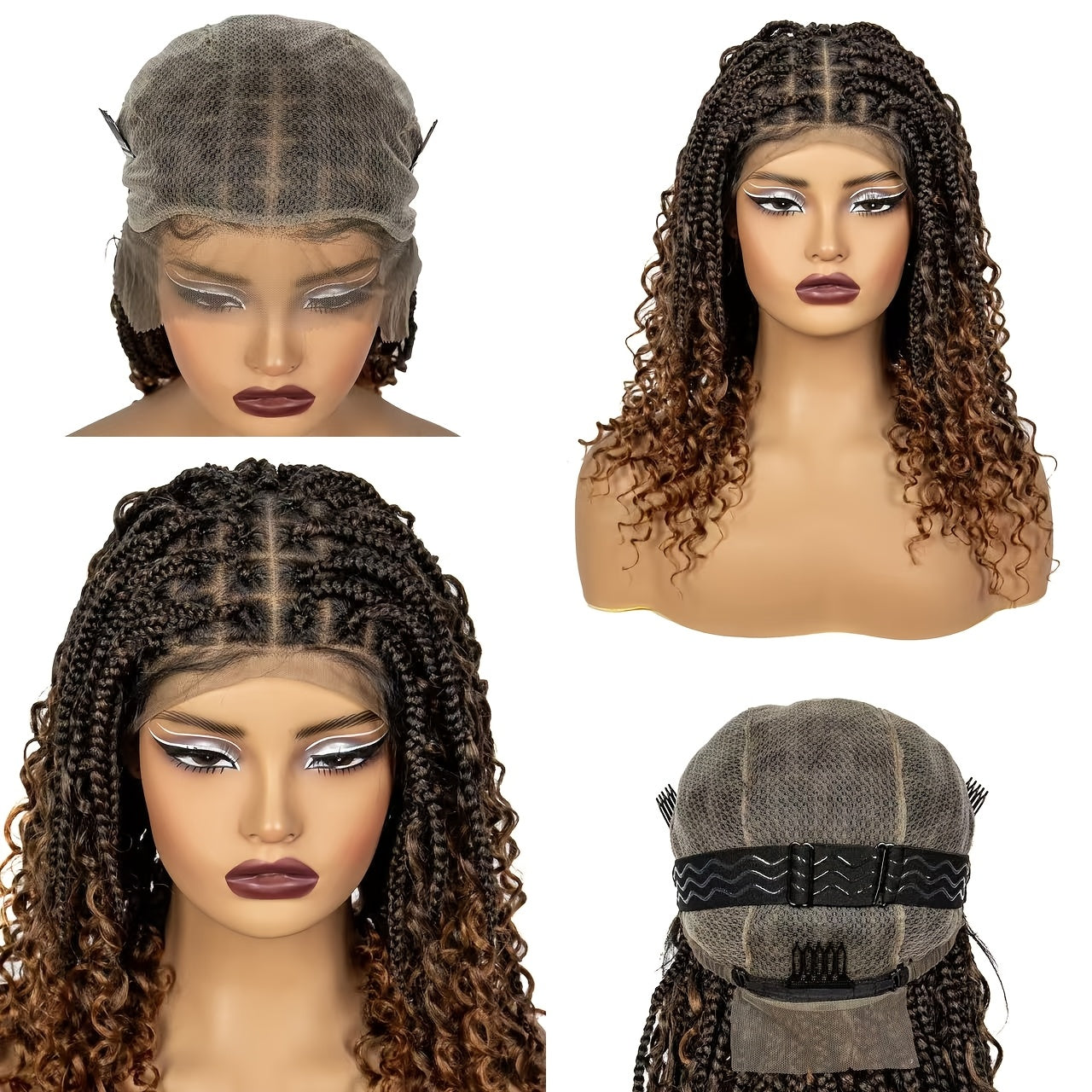 Braided Wig Knotless Full Lace with Curly Ends - 180% Density Synthetic Handmade Braid Wig for Women Natural Hairline Party Holiday 16 Inch