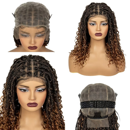 Braided Wig Knotless Full Lace with Curly Ends - 180% Density Synthetic Handmade Braid Wig for Women Natural Hairline Party Holiday 16 Inch