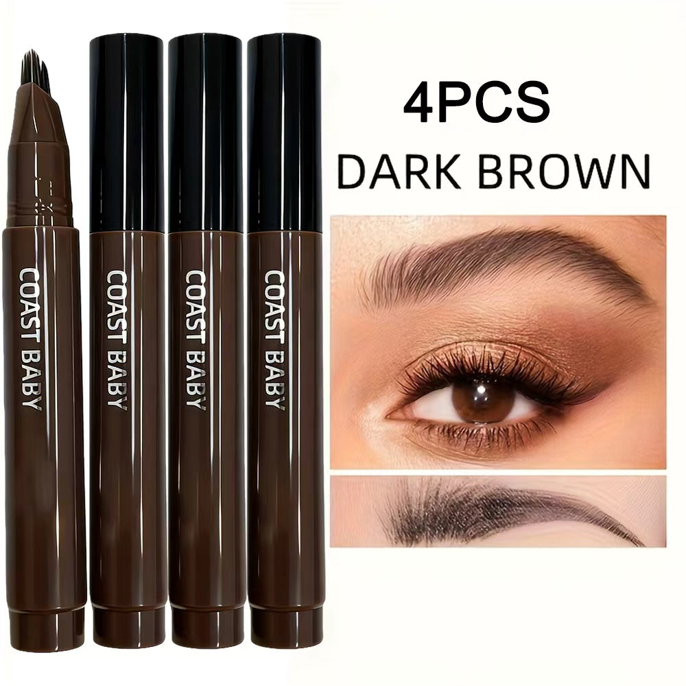 Eyebrow Pencil Set 4 Pack Multi-Fork Tip Waterproof Hair Stroke Brow Pen - Smudge-Proof Long-Lasting Microblading Effect Hairline Filler for Sparse Brows Beginner-Friendly 4 Colors
