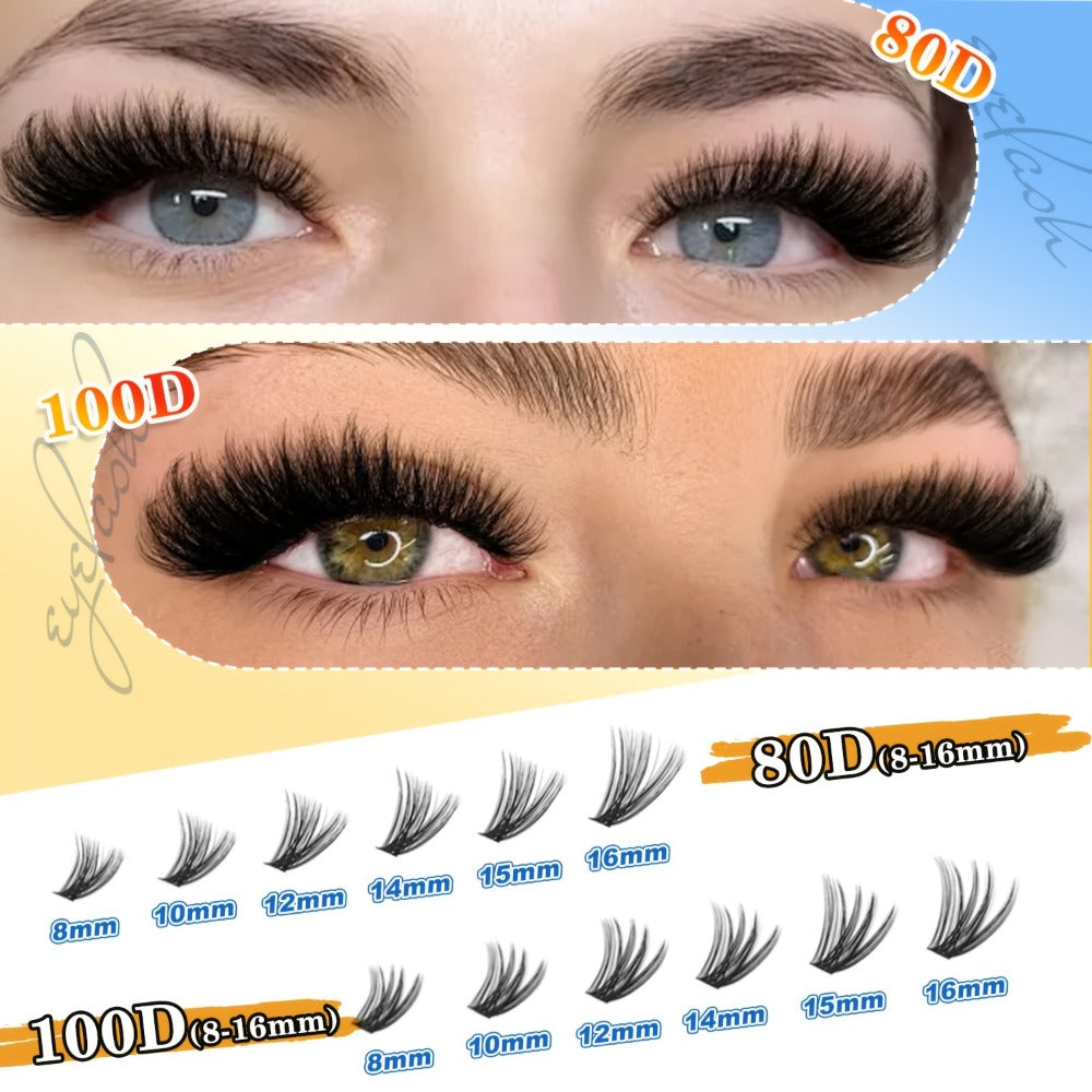 Lash Clusters Kit 720pcs Clusters Lash Extension Kit 30D-100D Eyelash Extensions Kits C Curl Individual Wispy Lashes Cluster Natural Eye Lash Trays With Glue&Tweezers For Beginners