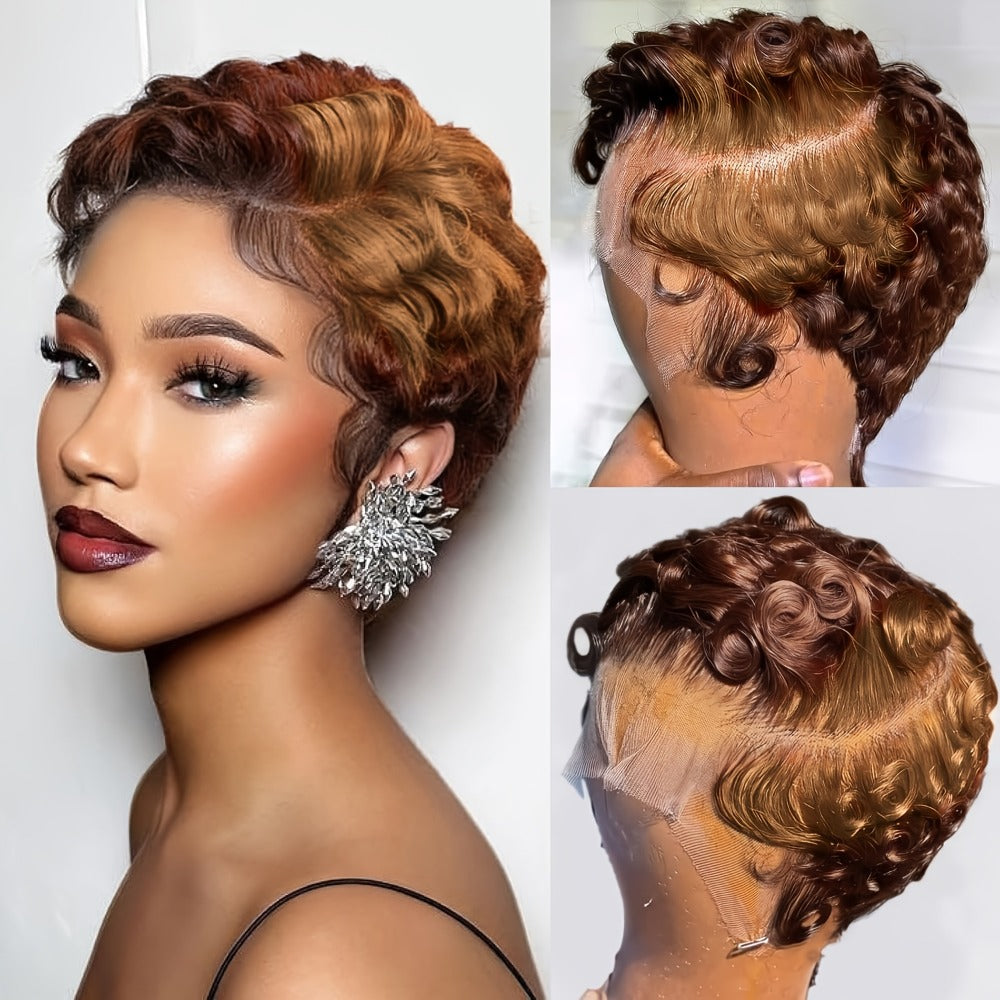 Pixie Cut Wig Human Hair 13x4 HD Lace Front Short Curly Wavy Wig Pre Plucked Natural Hairline Body Wave Loose Deep Wave Finger Wave Glueless Wig Natural Black Burgundy Chocolate Brown 6 Inch