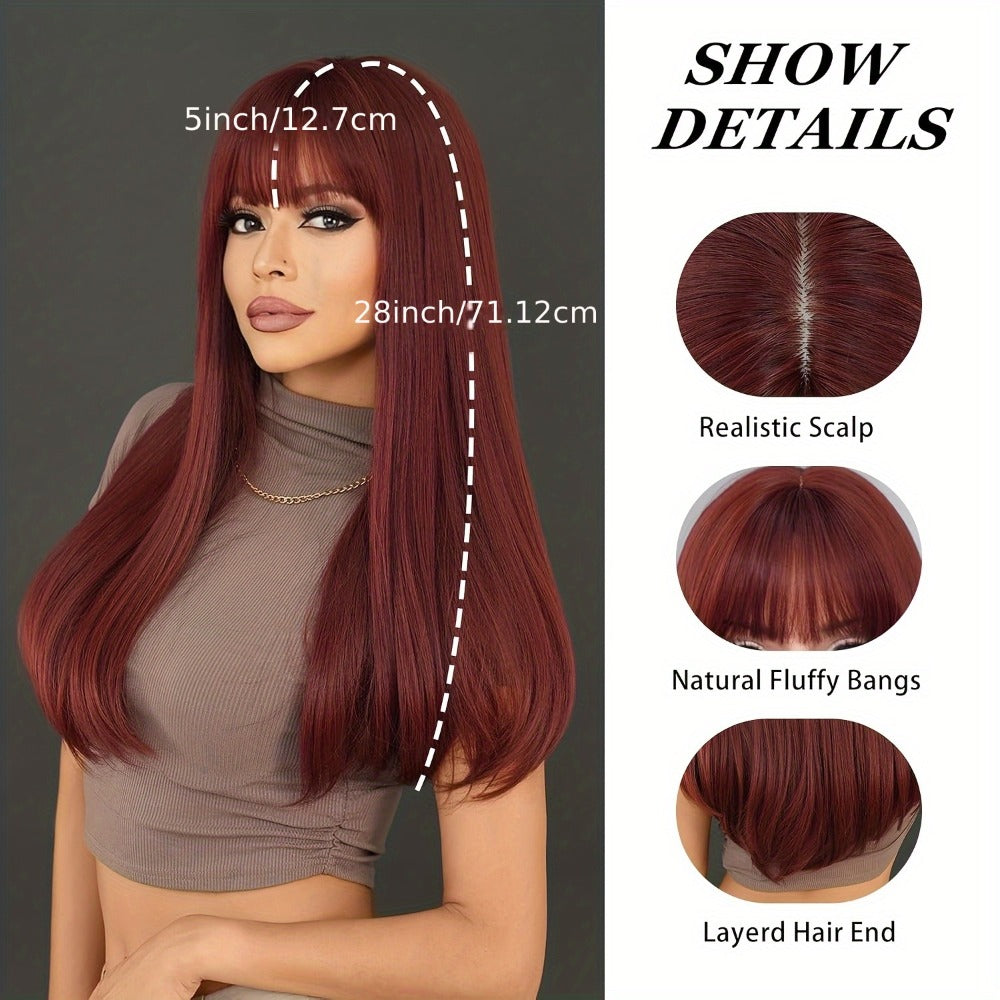 Long Straight Synthetic Wig with Bangs 28 Inch Burgundy Wine Red Heat Resistant for Women Daily Wear Holiday Party Cosplay Natural Look