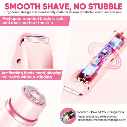 Electric Hair Removal Shaver 2-in-1 Dual Head - USB Rechargeable Epilator with Stainless Steel Blades for Face Body Legs Bikini Line Underarms & Intimate Areas - Women's Cordless Shaver Pink Purple Blue