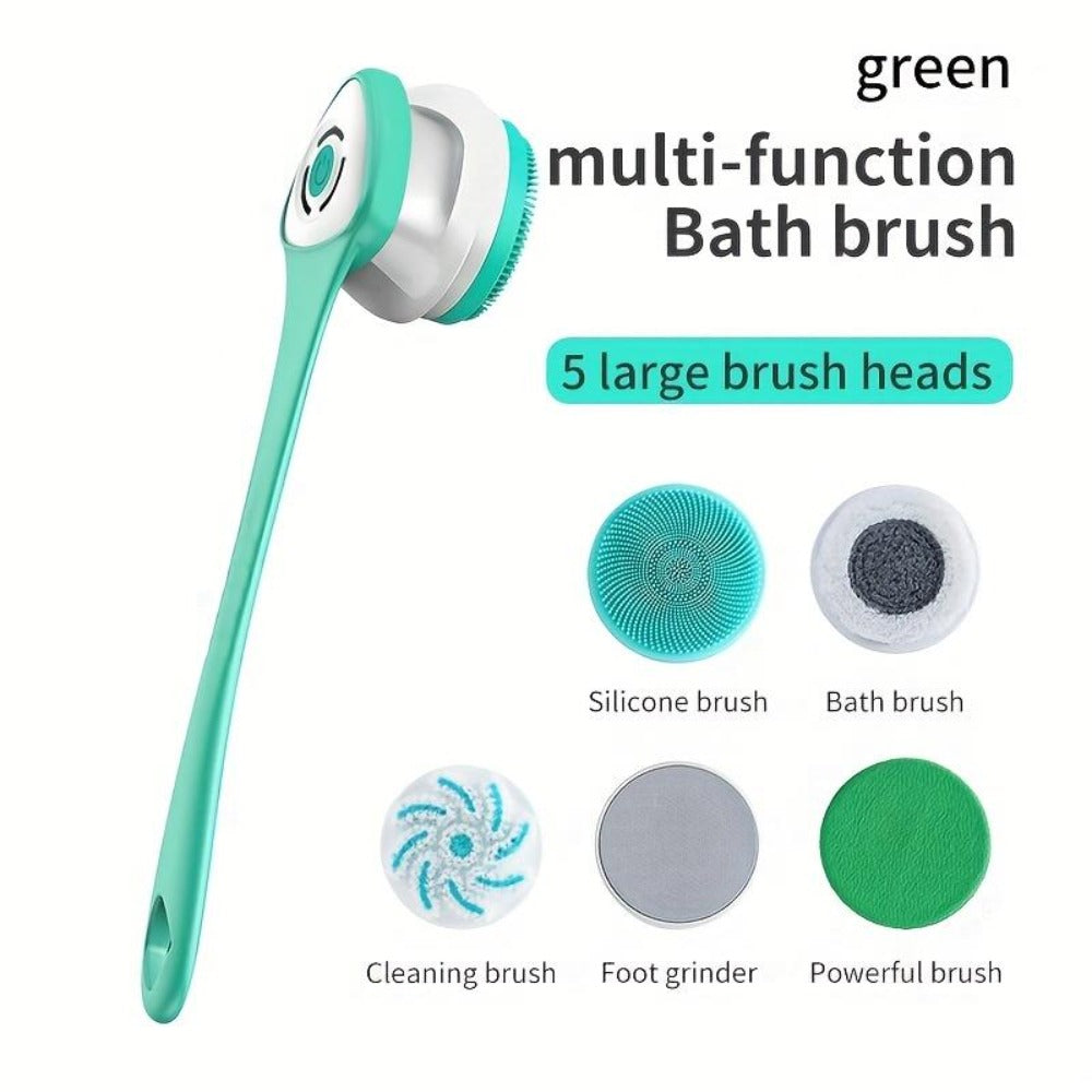 5-in-1 Electric Body, Back and Face Shower Brush, Soft Exfoliating Brush and Rotating Cleanser - Suitable for Full Body, Back and Face - Home Spa Essentials - Shower Back Scrub, Body Care Equipment, Ergonomic Handle