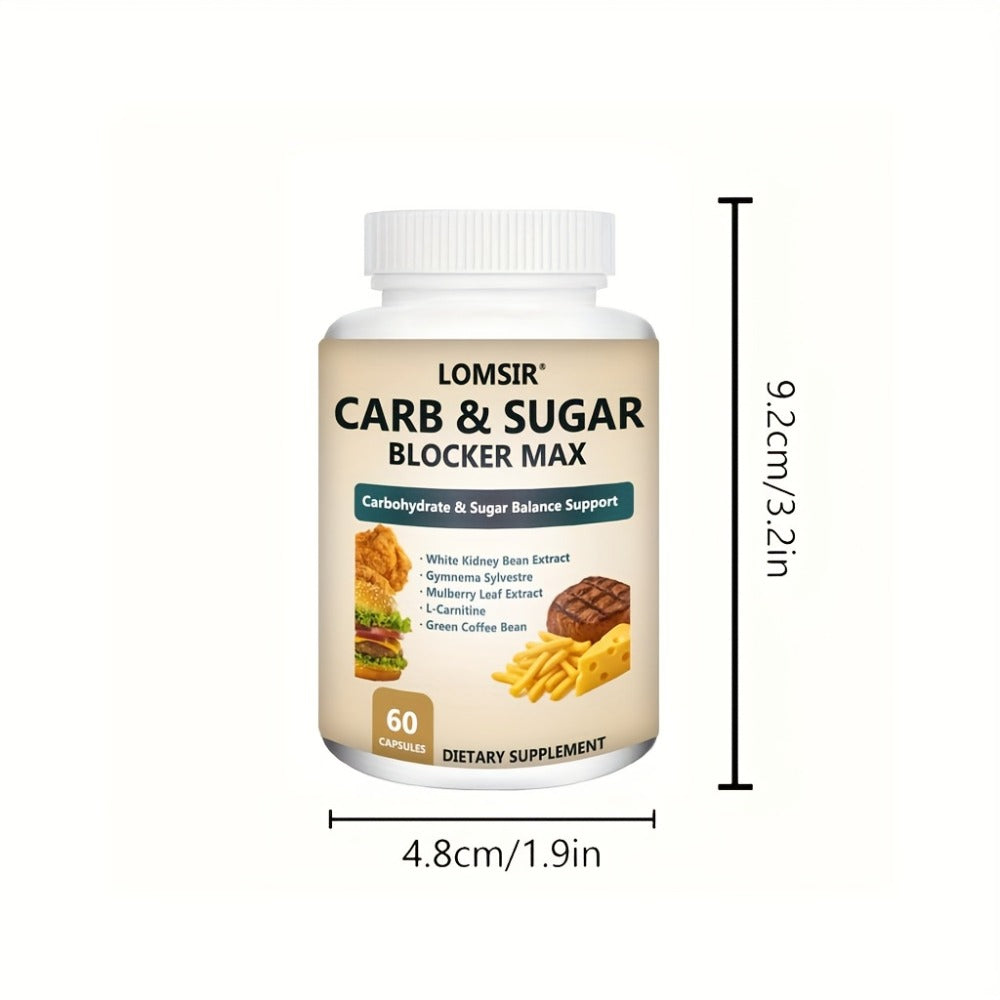 Carb And Sugar Blocker Max with White Kidney Bean Gymnema Sylvestre Mulberry Leaf L-Carnitine Carbohydrate And Sugar Balance Support Suitable for Men And Women - 60 Capsules