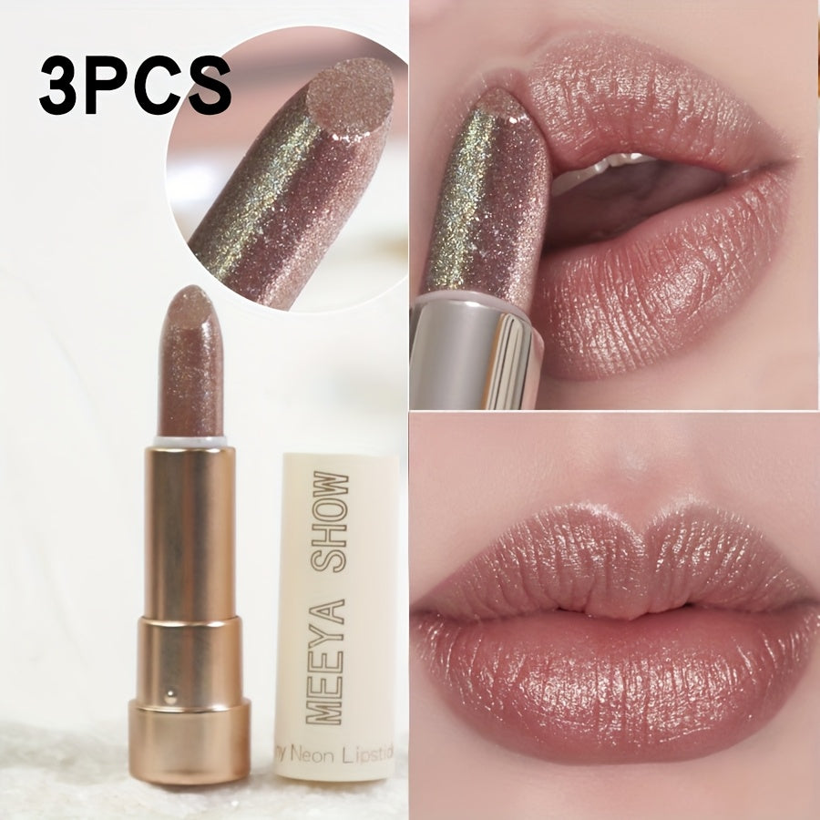 3pcs Nude Brown Pearlescent Lipstick Chewy Golden Metallic Texture with Golden Bling Glitter Lipstick Suitable for All Light Beige Daily Light Makeup Plain Face Available for Music Festival