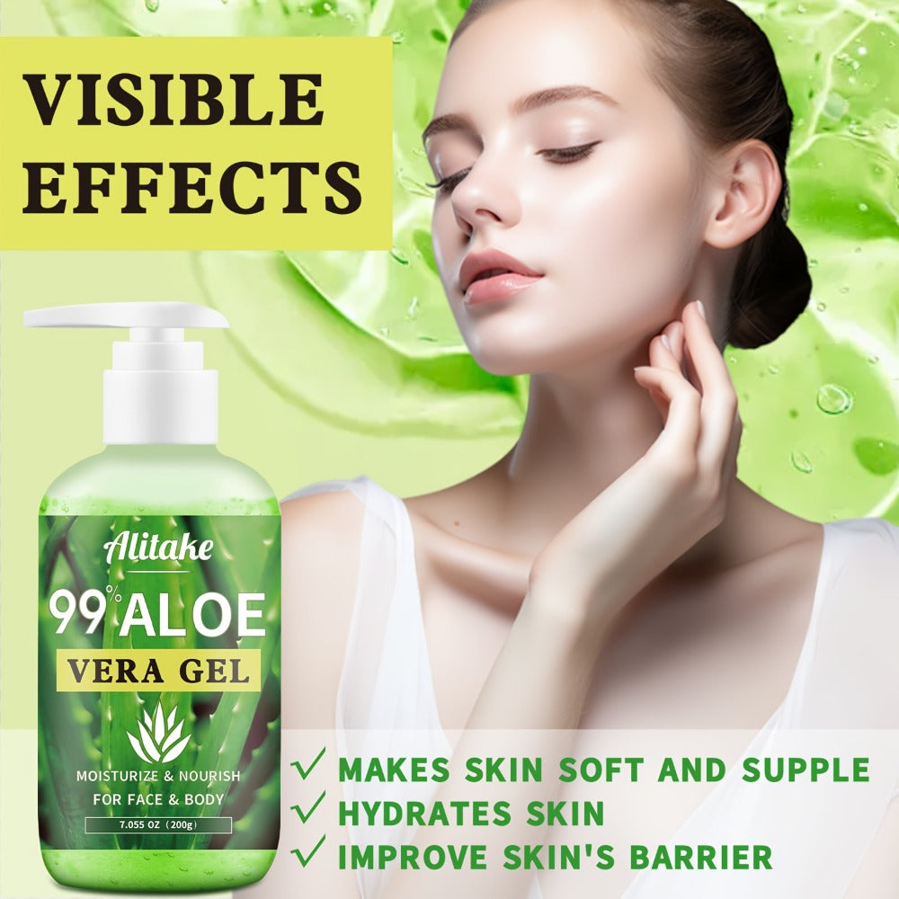Alitake 99% Aloe Vera Gel Made Within 12 Hours Of Harvest - Lightweight, Non-Sticky Aloe Gel for Face Body, Hair, & Scalp, Natural, Hydrating Aloe Gel, 7oz.local Warehouse, The Perfect Gift, Gift for Mom.