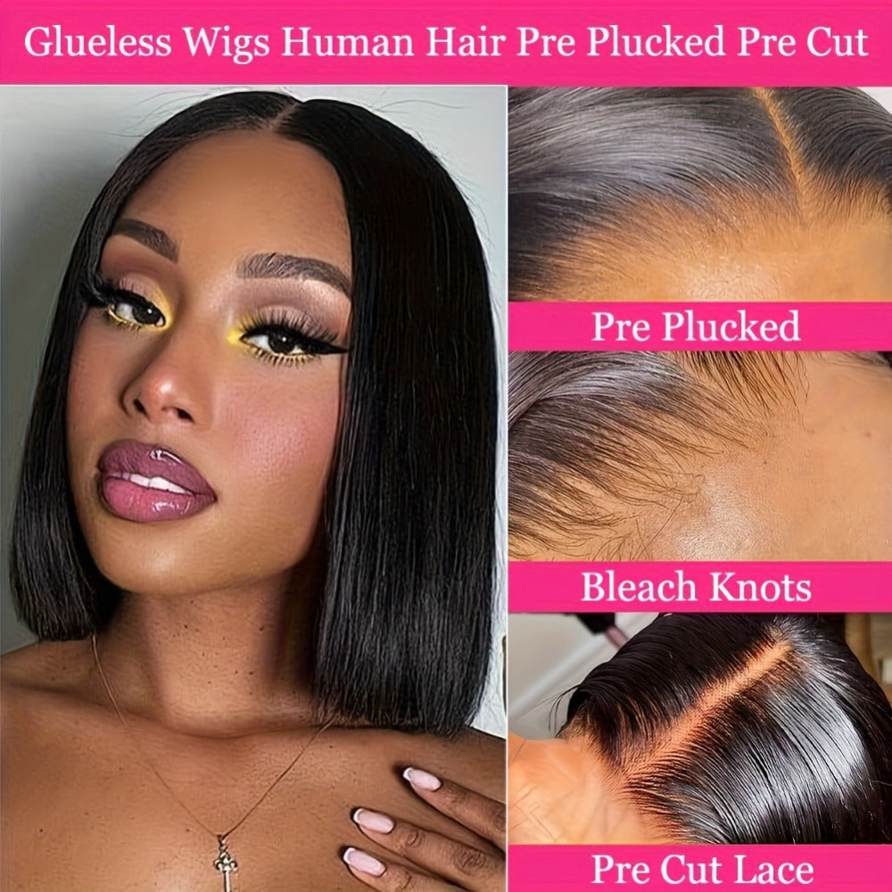 Straight Bob Wig Human Hair 4x4 HD Lace Glueless 250% Density Pre Cut Pre Plucked Wear and Go for Women Daily Party Music Festival 8-14 Inch