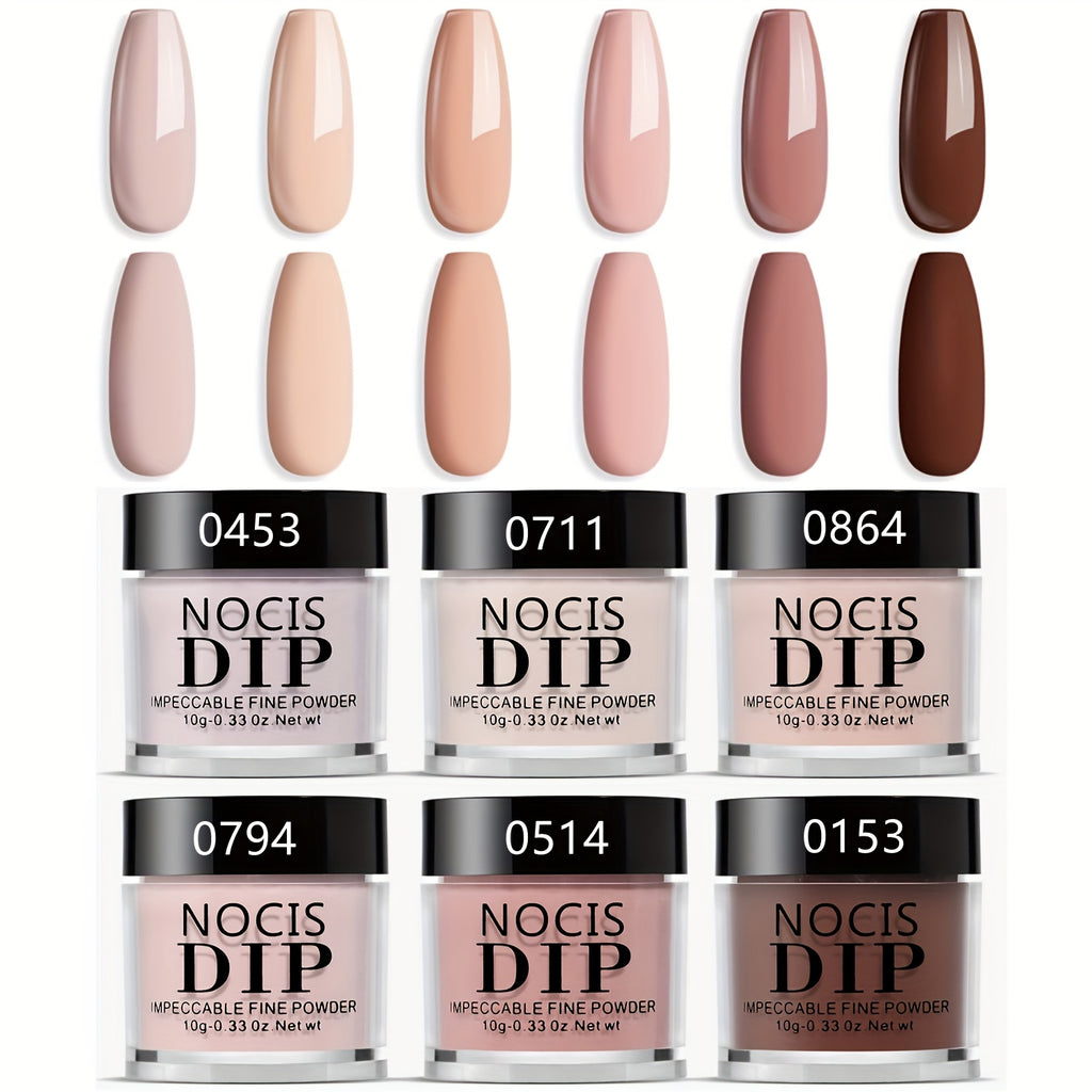 NOCIS 6pcs Nude Acrylic Dipping Powder Set - All Seasons Light Beige Tones, Brown Neutral Shades for 3D Nail Art, French Extensions & Carving, Odorless, No Power Needed, Perfect Gift for Women