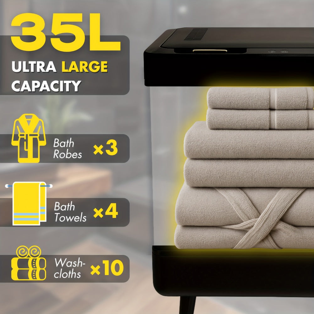 A Towel Warmer Suitable for Bathrooms, a Foldable Towel Bucket, Blanket Warmer, with a Large 35-liter Capacity for Fast. Features and Drying Modes, a Timer Function, and Comes with 6 Tablets. The Perfect Holiday Gift and a Must-have for Staying Warm!