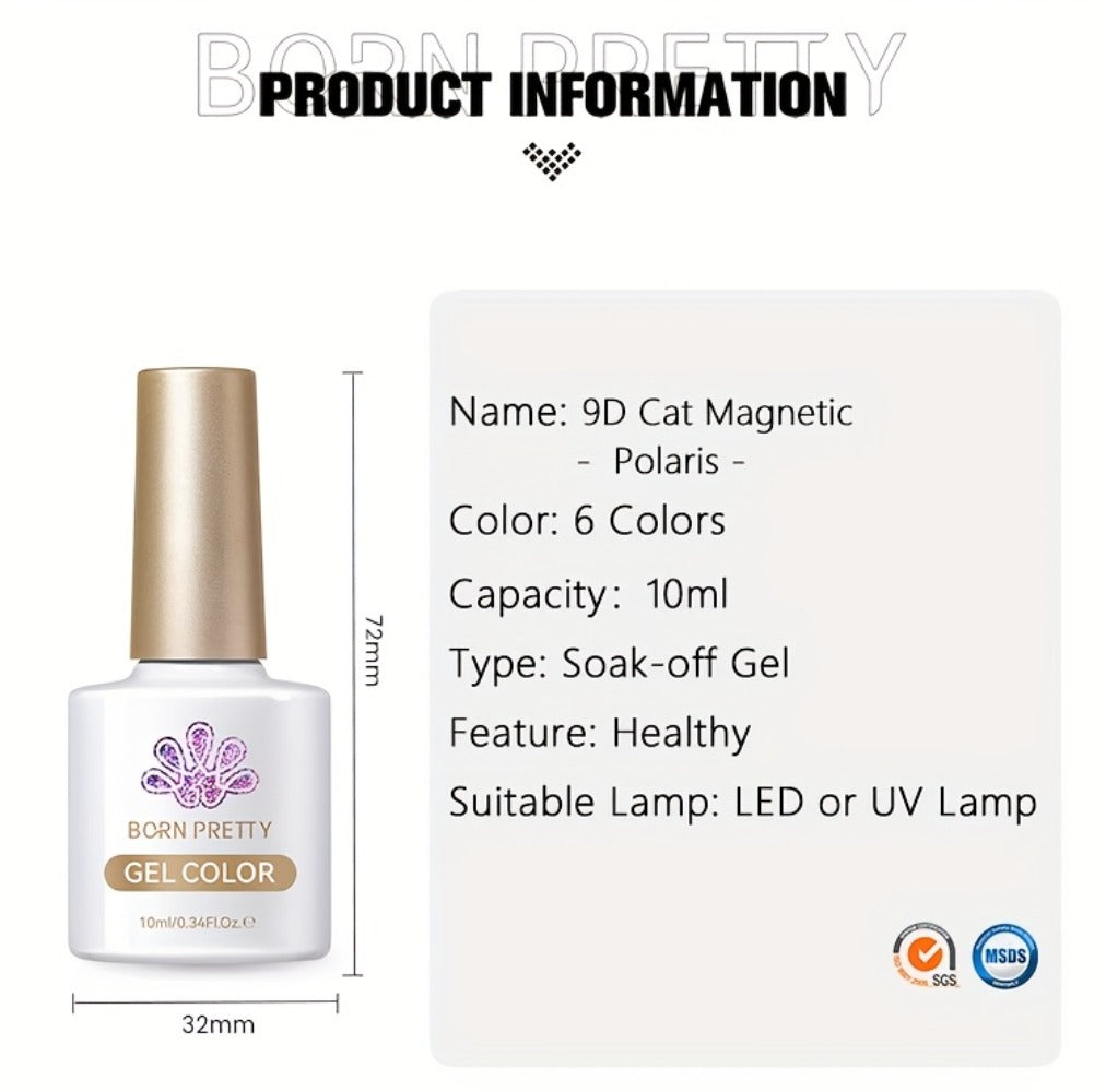 Cat Eye Magnetic Gel Nail Polish 6 Colors — 9D Polaris Glass Water Light Effect, Semi-Permanent Soak Off LED Gel, 0.34oz Each | BORN PRETTY Nail Gel Set