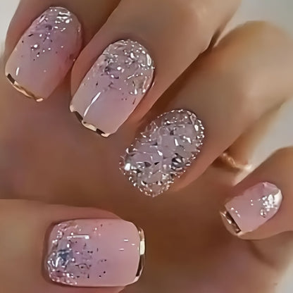 Soft Gel Press On Nails 216 Pieces 9 Boxes - Short Square Fake Nails Full Cover | French White Gradient Glitter Heart Design, Summer Matte False Nails Set for Women Girls