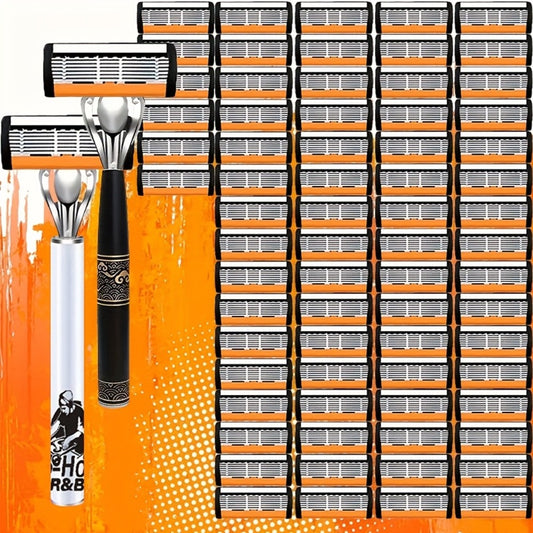 Men's Razor Set 6-Layer Blade Shaver with Lubricating Strip Fits Facial Contours Smooth Close Shave 2 Handles with 36 or 72 Replacement Blades for Men
