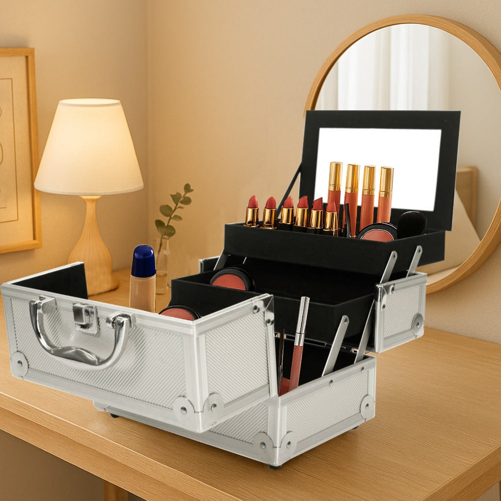 Professional Makeup Train Case, Large Capacity Aluminum Cosmetic Trolley Organizer, Portable Jewelry Storage Box with Adjustable Dividers & Lockable Keys, Travel Makeup Artist Tool Box