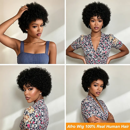 Human Hair Afro Wig Short Kinky Curly Glueless Wig for Black Women Natural Afro Puff Wig 6 Inch Kinky Coily Wig Deep Grey Camel Ginger 70s 80s Cosplay Party Daily Wear