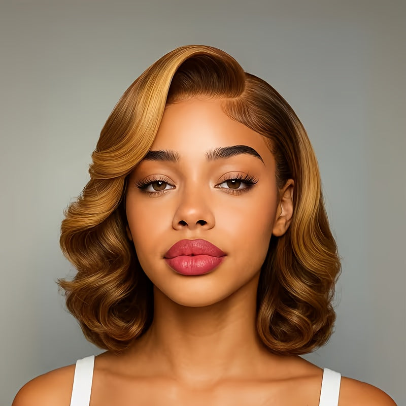Honey Blonde Ombre Body Wave Lace Front Wig - 13x4 HD Human Hair Bob Wig for Women, Pre-Plucked Brazilian Human Hair with Baby Hair, Highlighted Gradient Color Transition, Loose Waves Hair Wig Perfect for Beginners