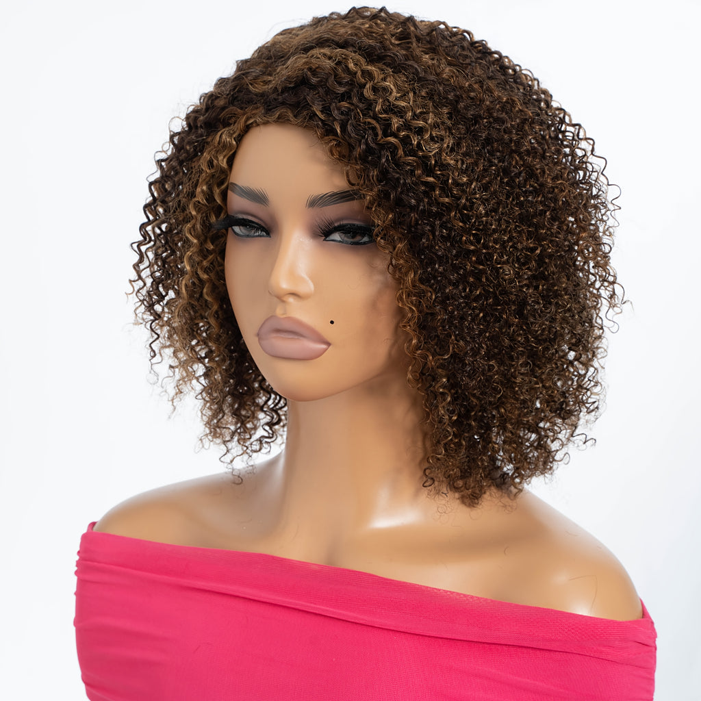 Highlight Short Kinky Curly Human Hair Wigs with Bangs Easy Wear Glueless Wig Brazilian Remy Short Curly Bangs Wig Human Hair for Women